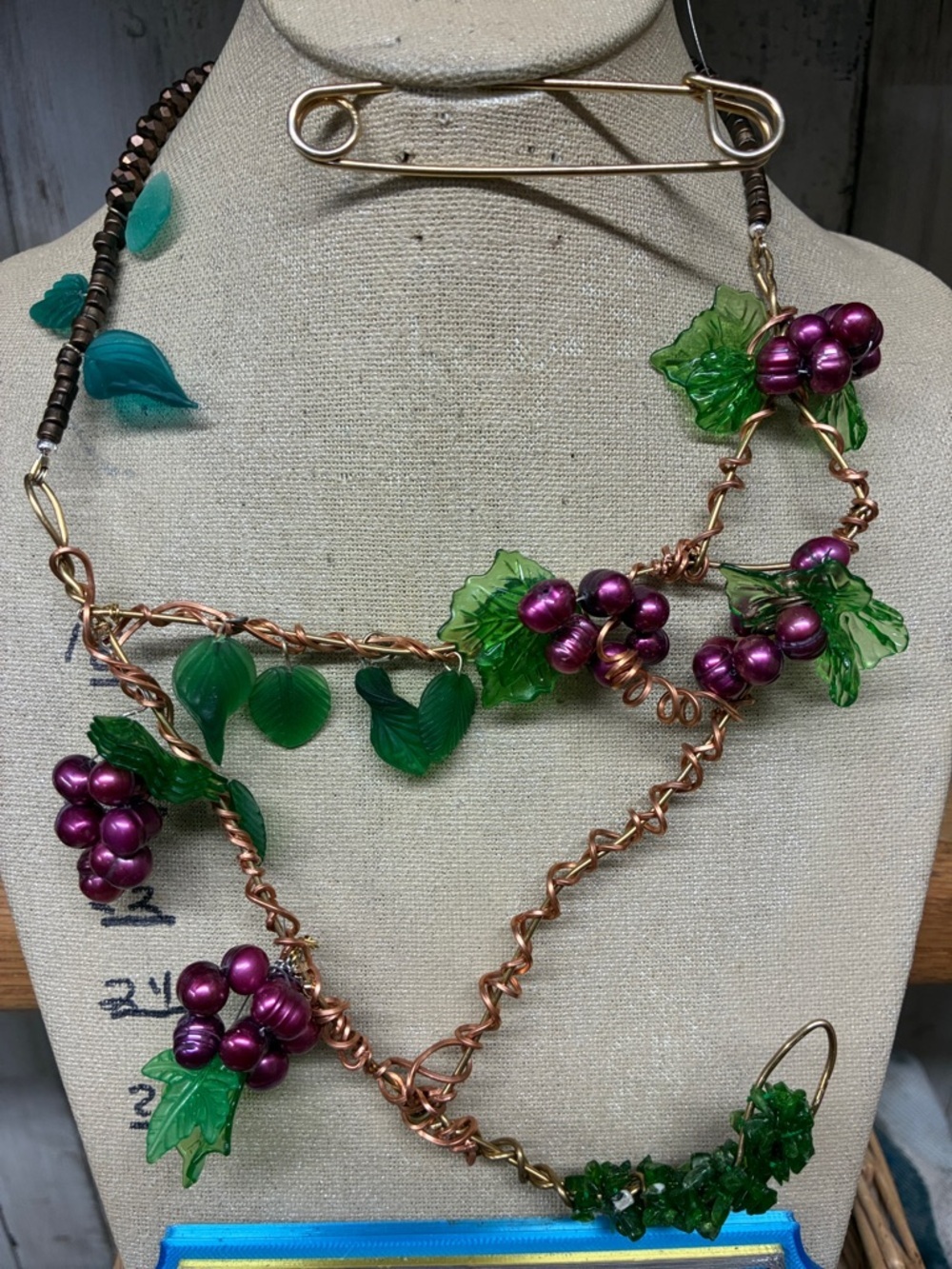 Vintage-Inspired Grape Vine Necklace with Green Leaves and Berry Clusters